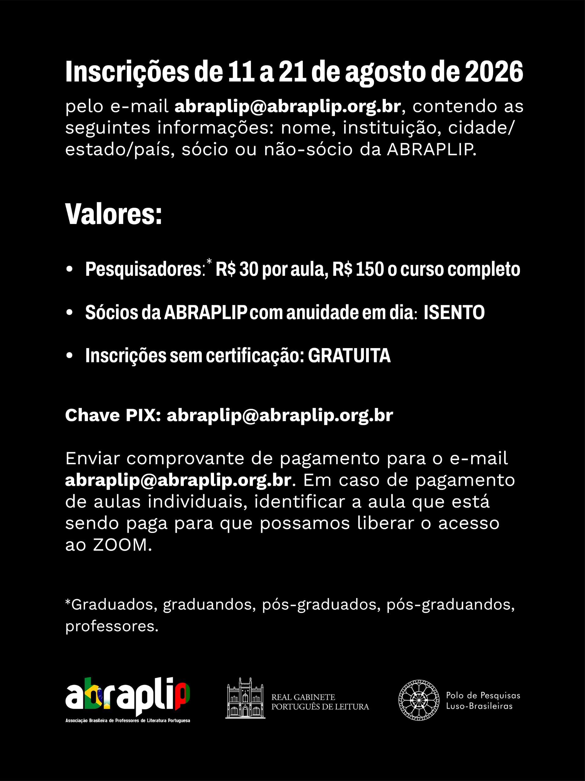 Inscrições, valores e informações sobre os cursos